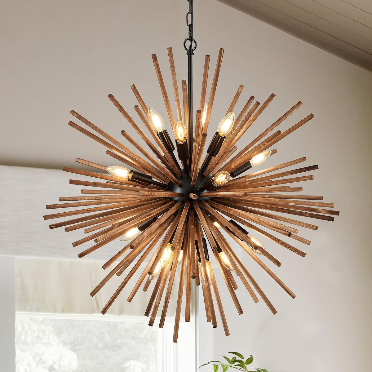 23.6" Farmhouse Sputnik Chandelier for Dining Room Rustic Handmade Natural Wood 12-Light Hanging Ceiling Pendant Light Fixture Starburst Wood Chandeliers for Kitchen Bedroom Foyer Hallway