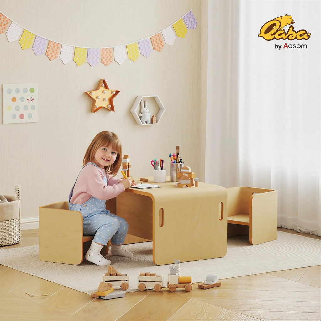 Kids Table and Chair Set, Wooden Activity Table, Ages 3-8, Natural Wood