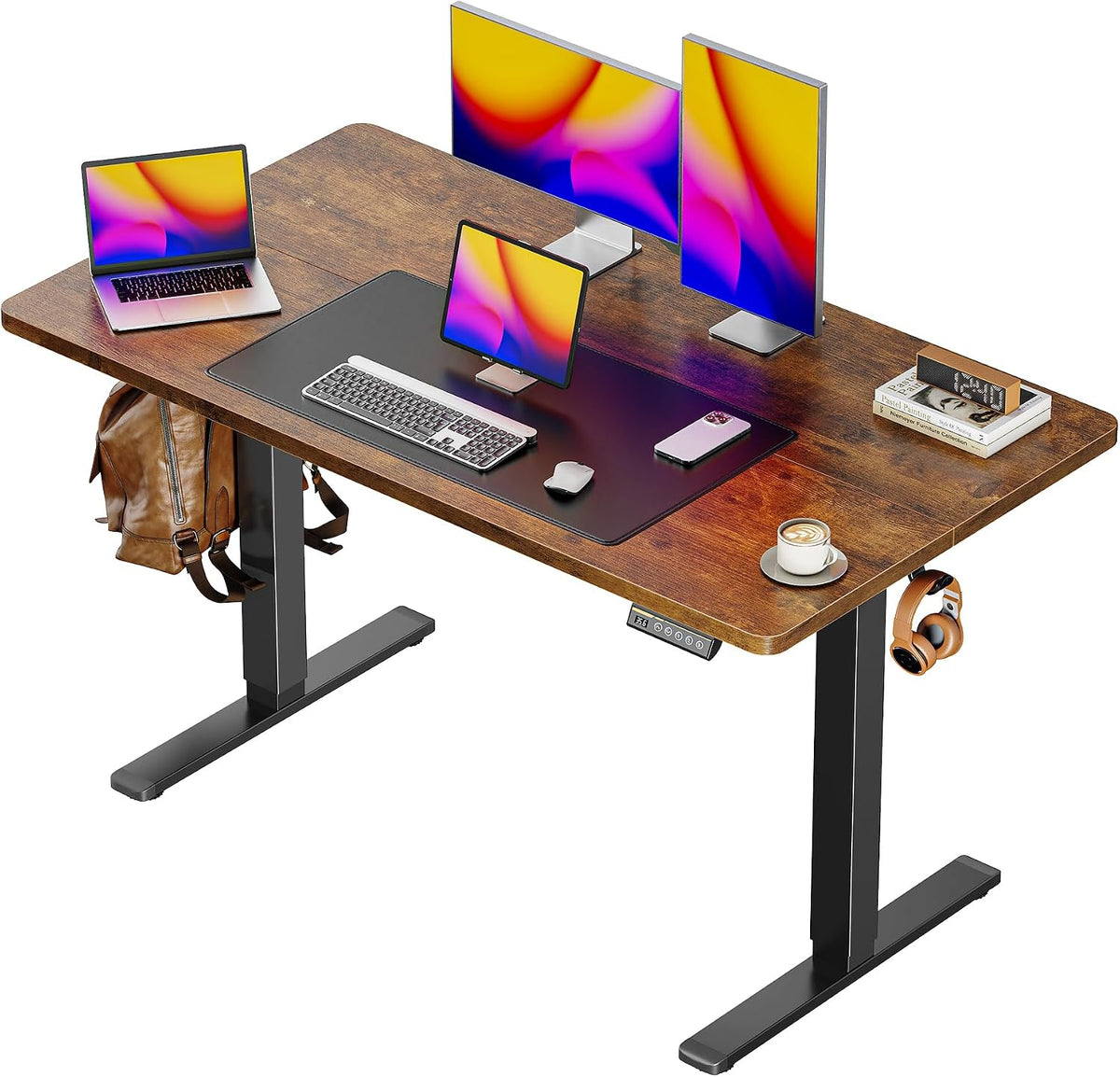55 x 28 Large Electric Standing Desk, Height Adjustable Computer Desk, 27.6" Deep Desktop, Stand up Gaming Office Desk with 2 Hooks, 3 Preset Heights, for Home Office, Rustic Brown