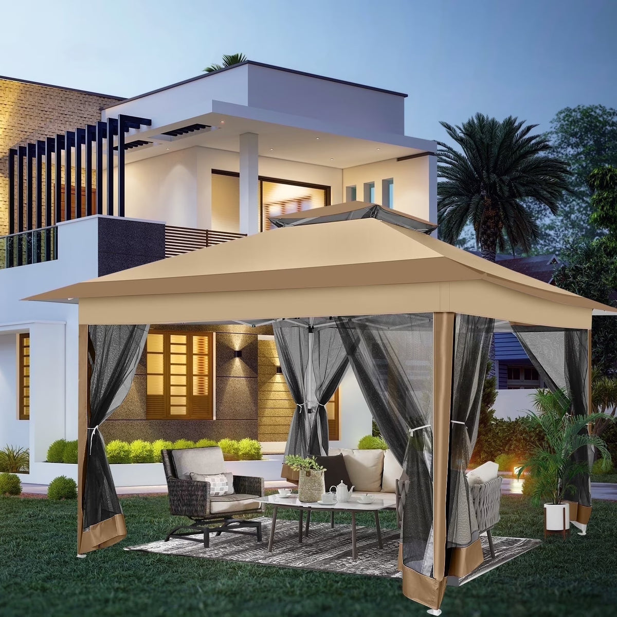 COBIZI 11x11 Pop up Gazebo Outdoor Canopy Gazebo Patio Gazebo with Mosquito Netting Canopy Shelter with 121 Square feet of Shade for Poolside, Garden, Party and Backyard, Khaki