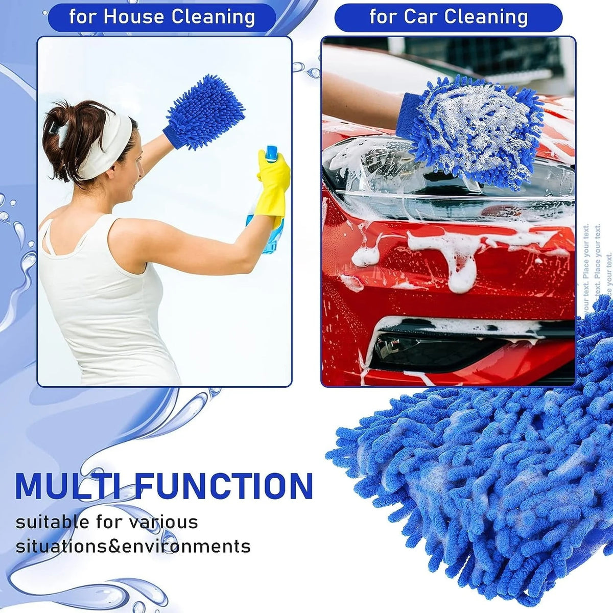 2 PCS Wash Cloths Car Cleaning Supplies Microfiber Towels Brush Wheel Detailing Kit Care Mitt Long Handle Sponge Interior Cleaner Drying Scratch Guard Shampoo Washing Wipes Weave Towel (blue)