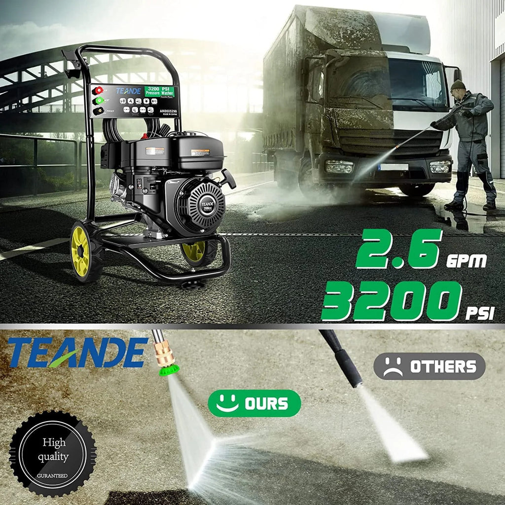 TEANDE Gas Pressure Washer Powered, 2.6 GPM 209cc 7.0 HP Power Washer with 3 Quick-Connect Nozzles, 25-?Hose for Cars, Driveway, Patio, Siding, Fence Cleaning