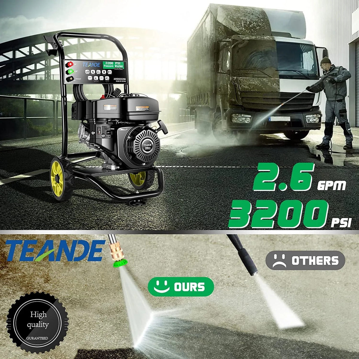 TEANDE Gas Pressure Washer Powered, 2.6 GPM 209cc 7.0 HP Power Washer with 3 Quick-Connect Nozzles, 25-?Hose for Cars, Driveway, Patio, Siding, Fence Cleaning