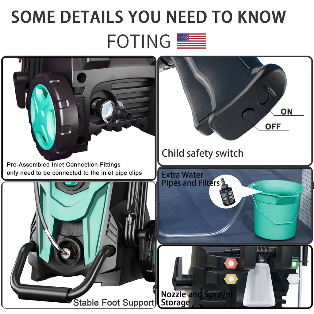 FOTING Electric Pressure Washer, 4500 PSI 3.2 GPM Power Washer with 4 Quick Connect Nozzles, High Pressure Cleaning Machine with Foam Cannon for Cars/Fences/Driveways/Patios/Home Cleaning