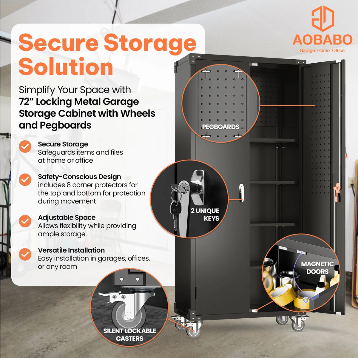Aobabo 72 Inch Locking Storage Cabinet w/ Adjustable Shelves, Gray