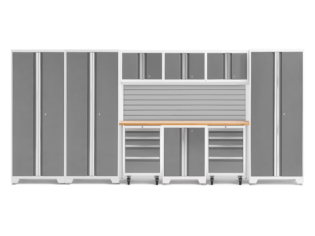NewAge Products Bold Series Gray 10 Piece Cabinet Set, Heavy Duty 24-Gauge Steel Garage Storage System, Slatwall Included