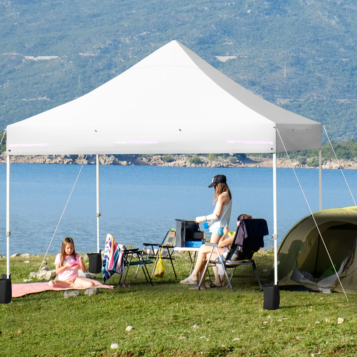 Patiojoy 10x10ft Pop up Tent, 4 Height Adjustment Folding Camping Tent with Awning Blue