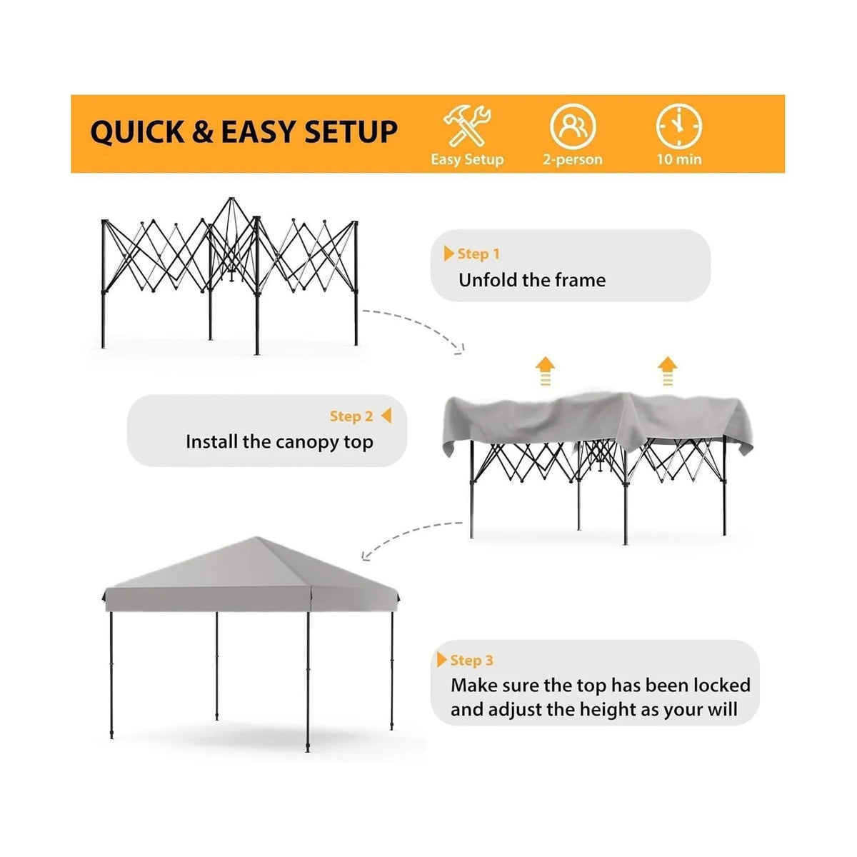 Arigeas Pop Up Canopy Tent 10'x10' with Adjustable Height, Easy Outdoor Sun Shade Shelter for Party, Event, Patio