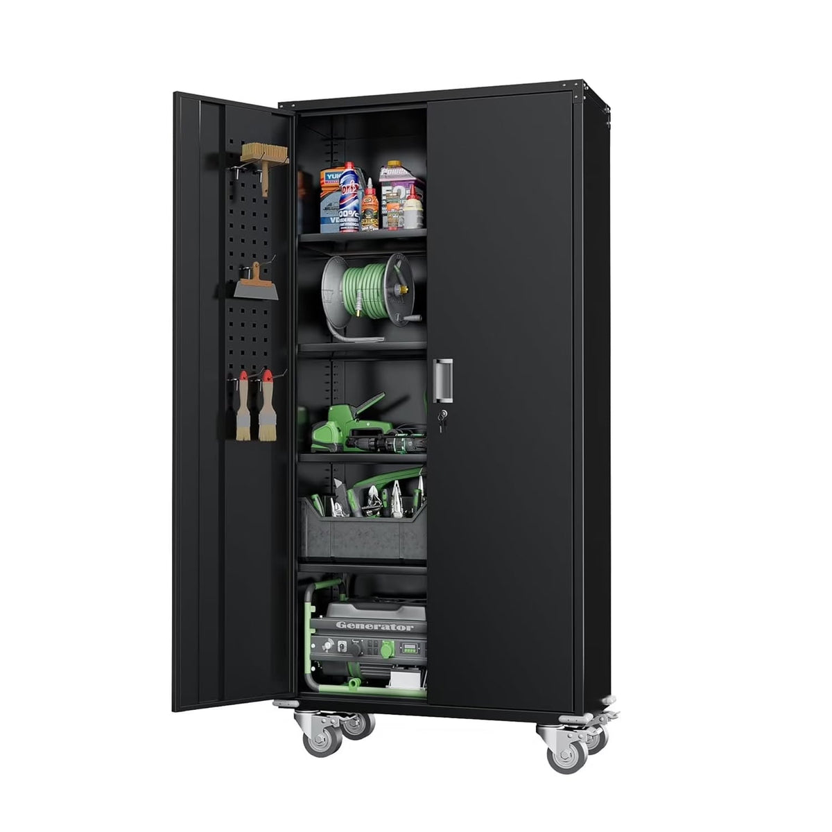 SOLAURA Metal Storage Cabinet with Wheels and Pegboard, 72" Black Garage Rolling Cabinet with 4 Adjustable Shelves, Lockable Tool Storage Cabinets for Home Office