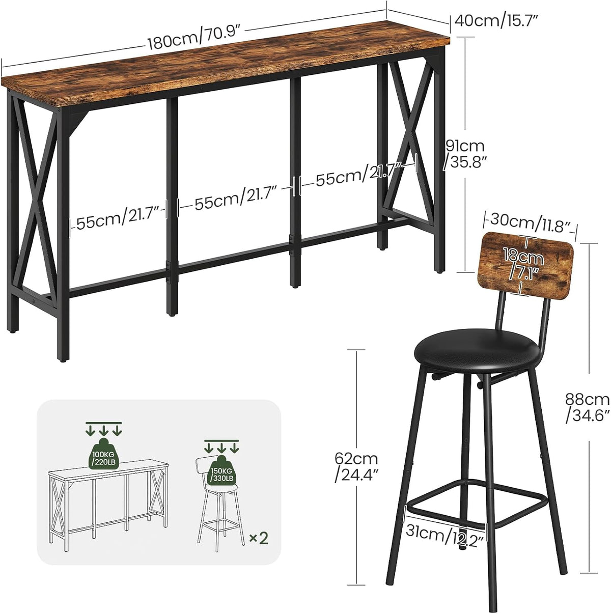 Bar Table and Chairs Set, Counter Height Table and Chairs with X-Shaped Supports, 1 Pub Table and 2 Chairs, for Dining Room, Living Room, Home Bar, Rustic Brown and Black