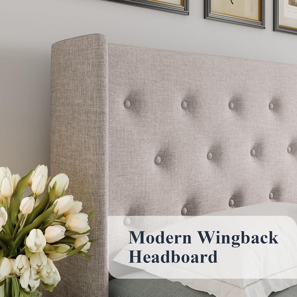 Queen Size Lift Up Storage Bed with Wingback Headboard, Upholstered Platform Bed Frame with Hidden Storage