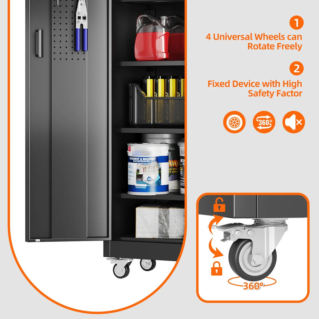 GangMei 71 Inches Tall Metal Garage Storage Cabinets with 5 Adjustable Shelves & Pegboards, Lockable Steel Black Storage Cabinet with Doors for Office, Home, School, Shops, Garage, Assembly required