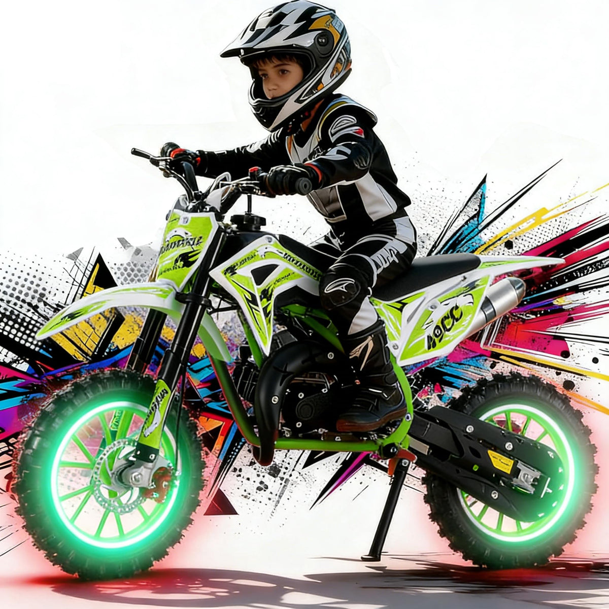 2026 Upgraded 50cc 2-Stroke Kids Dirt Bike Motocross, Pocket Gas Motorbike, Off Road Gas Power Mini Pocket Motorcycle with Front/Rear Disc Brakes, Scooter Bike Pocket, Dirtbike for Kids Green
