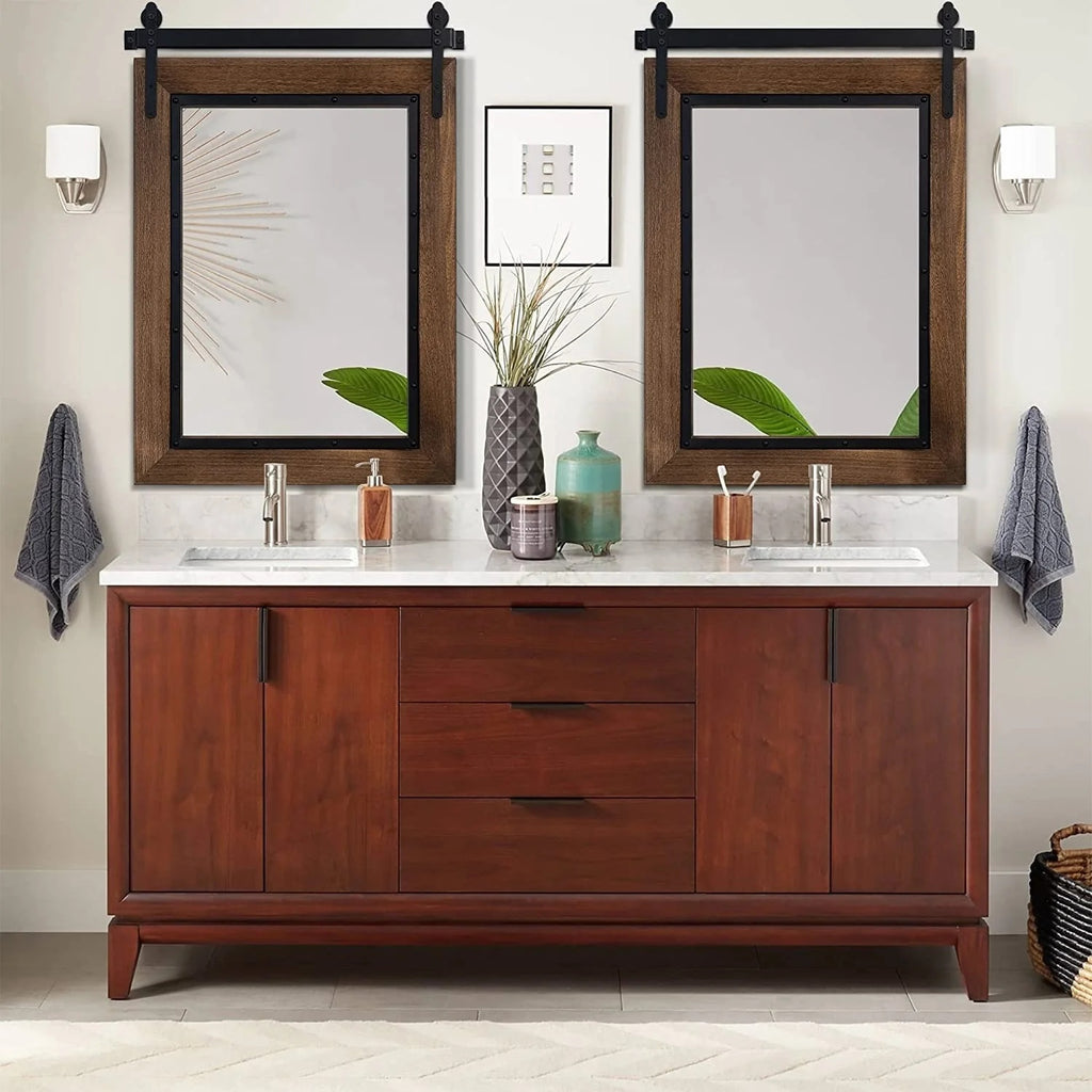 Farmhouse Barn Door Style Bathroom Vanity Mirror, Natural Wood Wall Mirror for Bathroom, Bedroom and Entryway