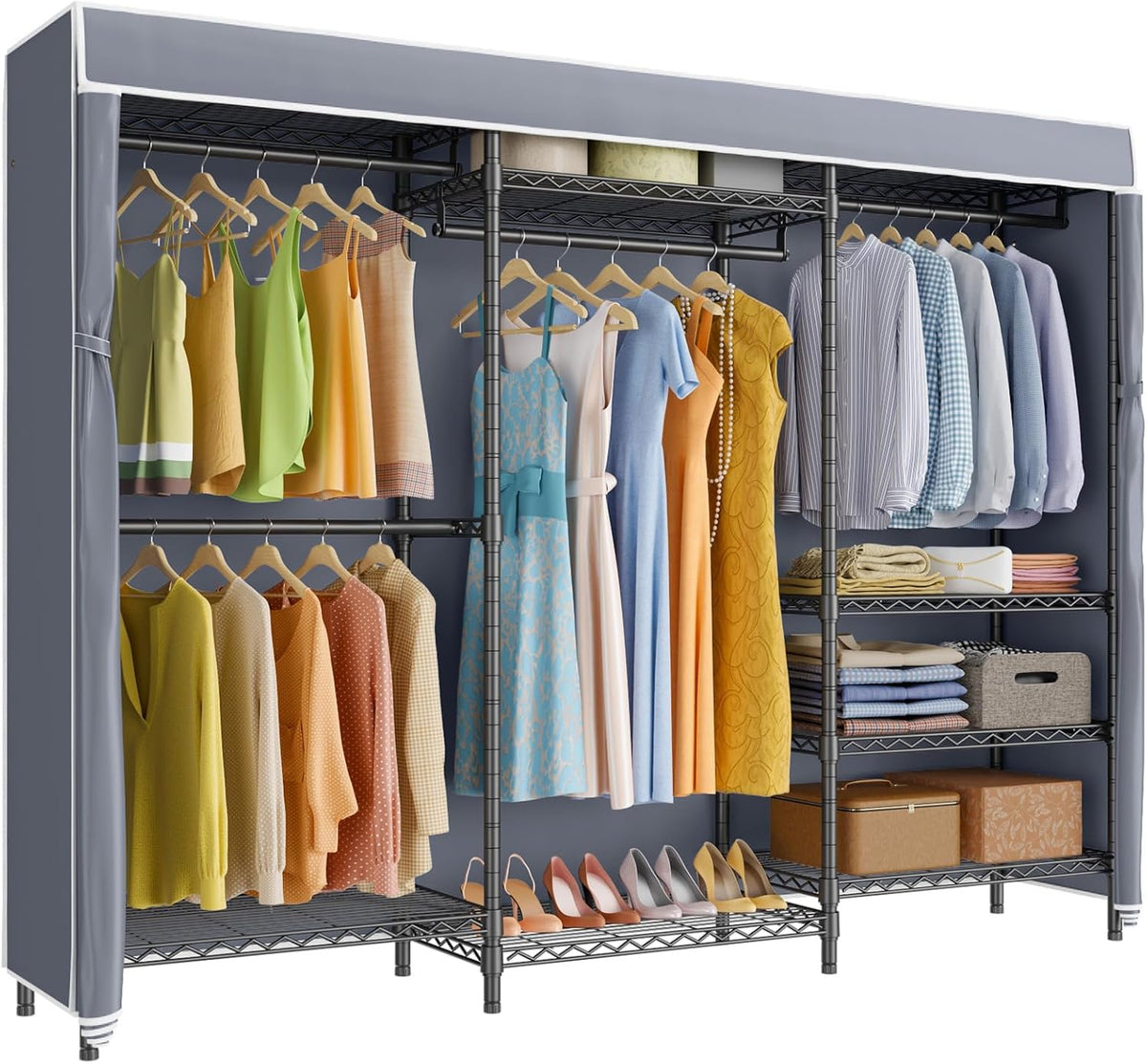 V5C Heavy Duty Covered Clothes Rack Portable Closet Rack, Black Metal Clothing Rack with Black Upgraded Polyester Cover, Adjustable Custom Freestanding Closet Wardrobe, Max Load 800LBS