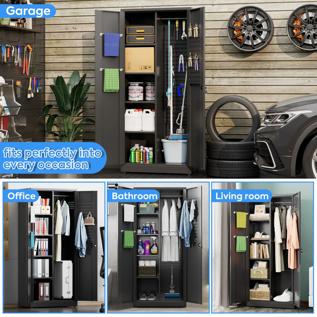 GAEANET 2 Door Metal Storage Cabinet with 5 Adjustable Shelves &Pegboard, 71" H-32" W-16" D Locking Steel Garage Cabinet, for Garage,Office,Home,Gym,School, File Cabinet,Assembly Required, Black