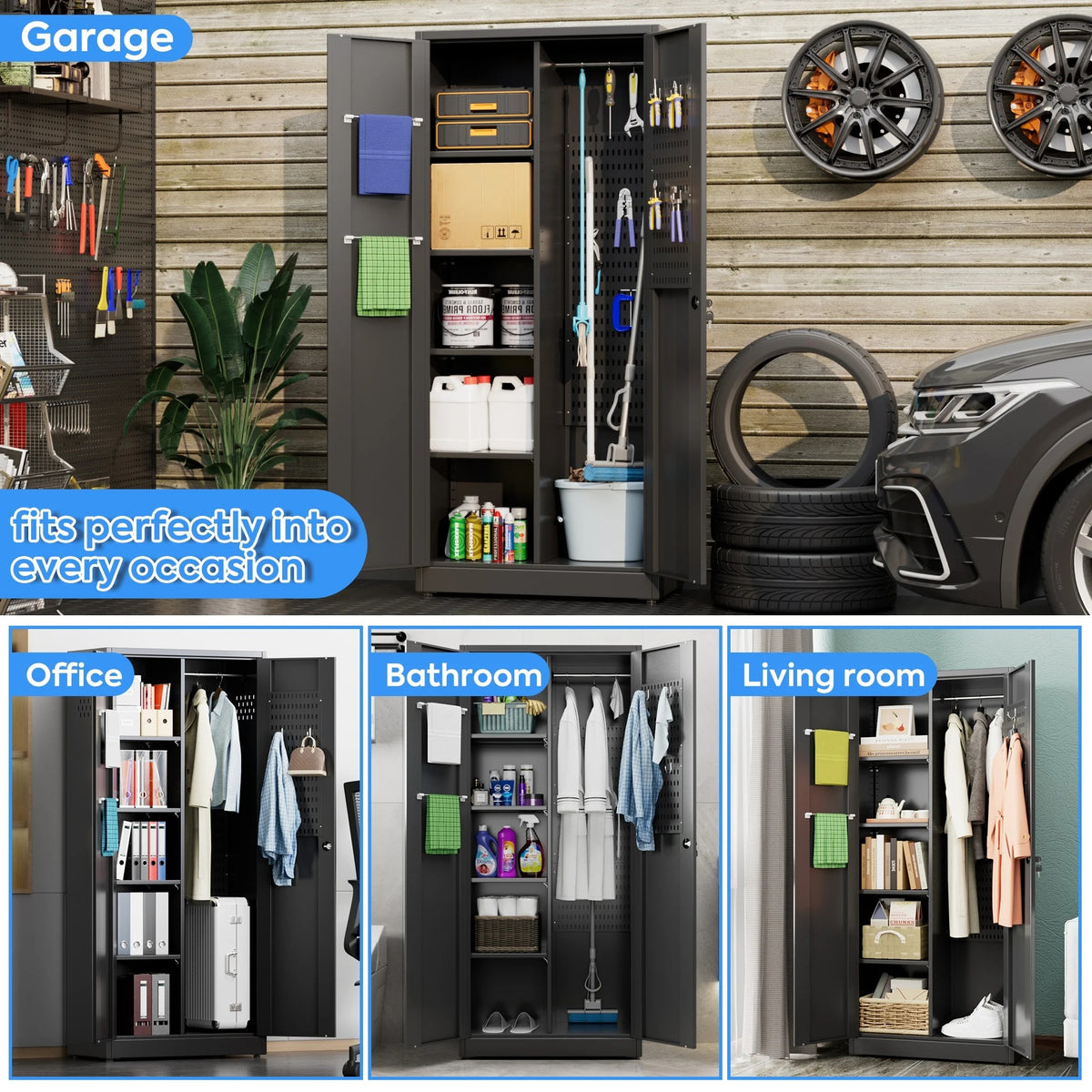 GAEANET 2 Door Metal Storage Cabinet with 5 Adjustable Shelves &Pegboard, 71" H-32" W-16" D Locking Steel Garage Cabinet, for Garage,Office,Home,Gym,School, File Cabinet,Assembly Required, Black