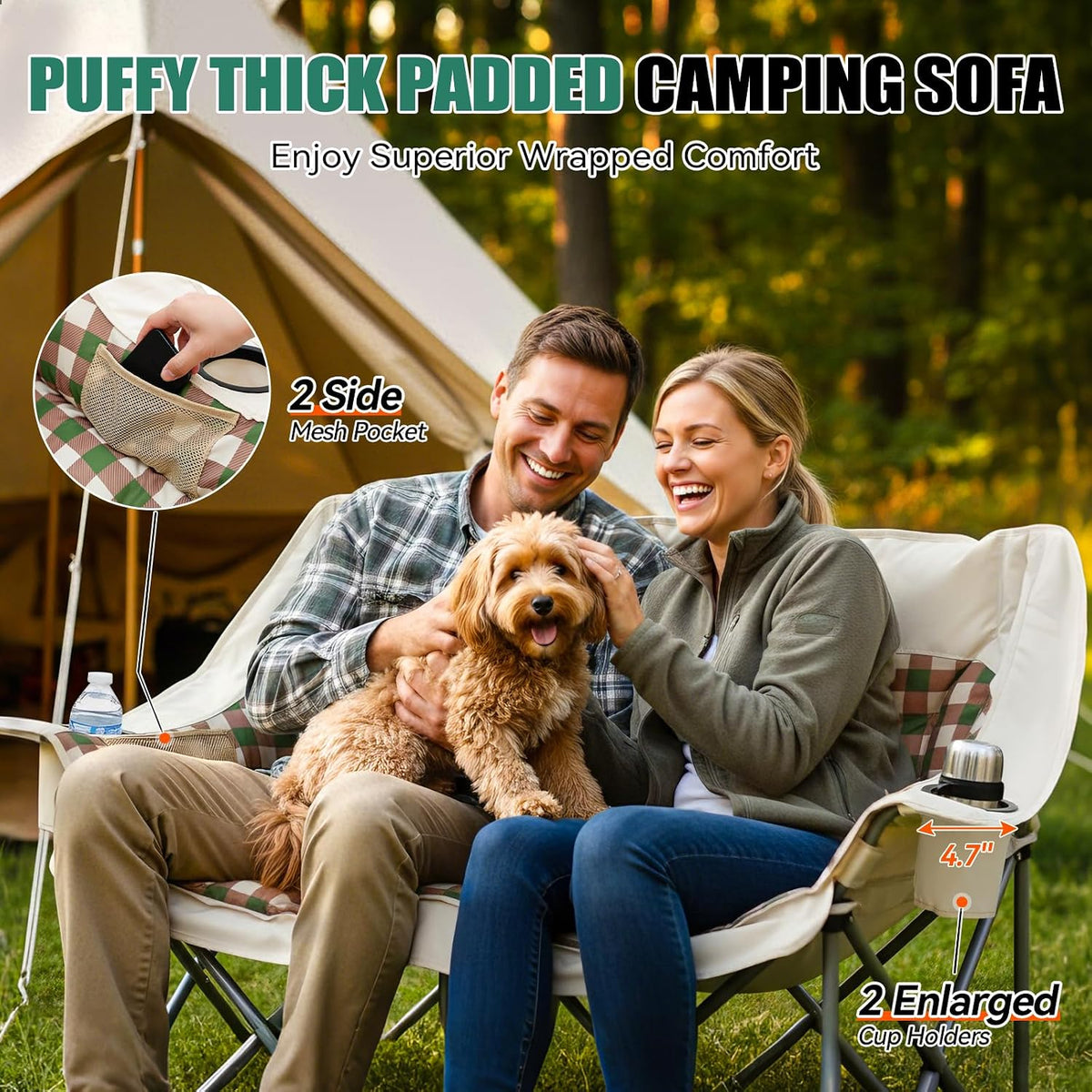 Double Camping Chair, Oversized 2 Person Camp Chairs with Cup Holders Side & Backrest Mesh Pockets Padded Loveseat Camping Chair Foldable for Outdoor Lawn Backyard Beach Support 800LB