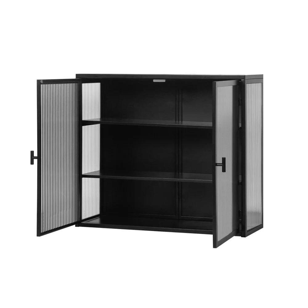 Hassch Wall Mounted Kitchen Pantry Sideboard with 2 Glass Doors, Metal Storage Cabinet Dining Cupboard for Bathroom Kitchen Living Room Dining Room, 27.56"L x 9.06"W x 23.62"H, White