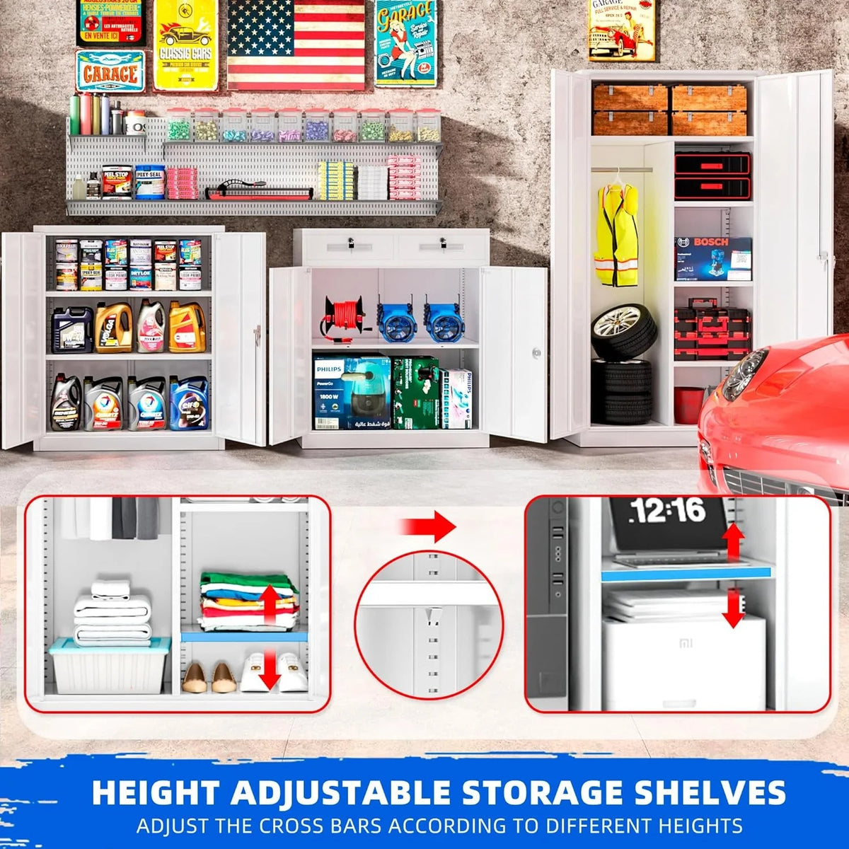 Superday Locking Metal Storage Cabinet with 2 Drawers, Lockable Garage Storage Cabinet with Locking Doors and Adjustable Shelves, Tool Cabinets for Home Office, School, Etc