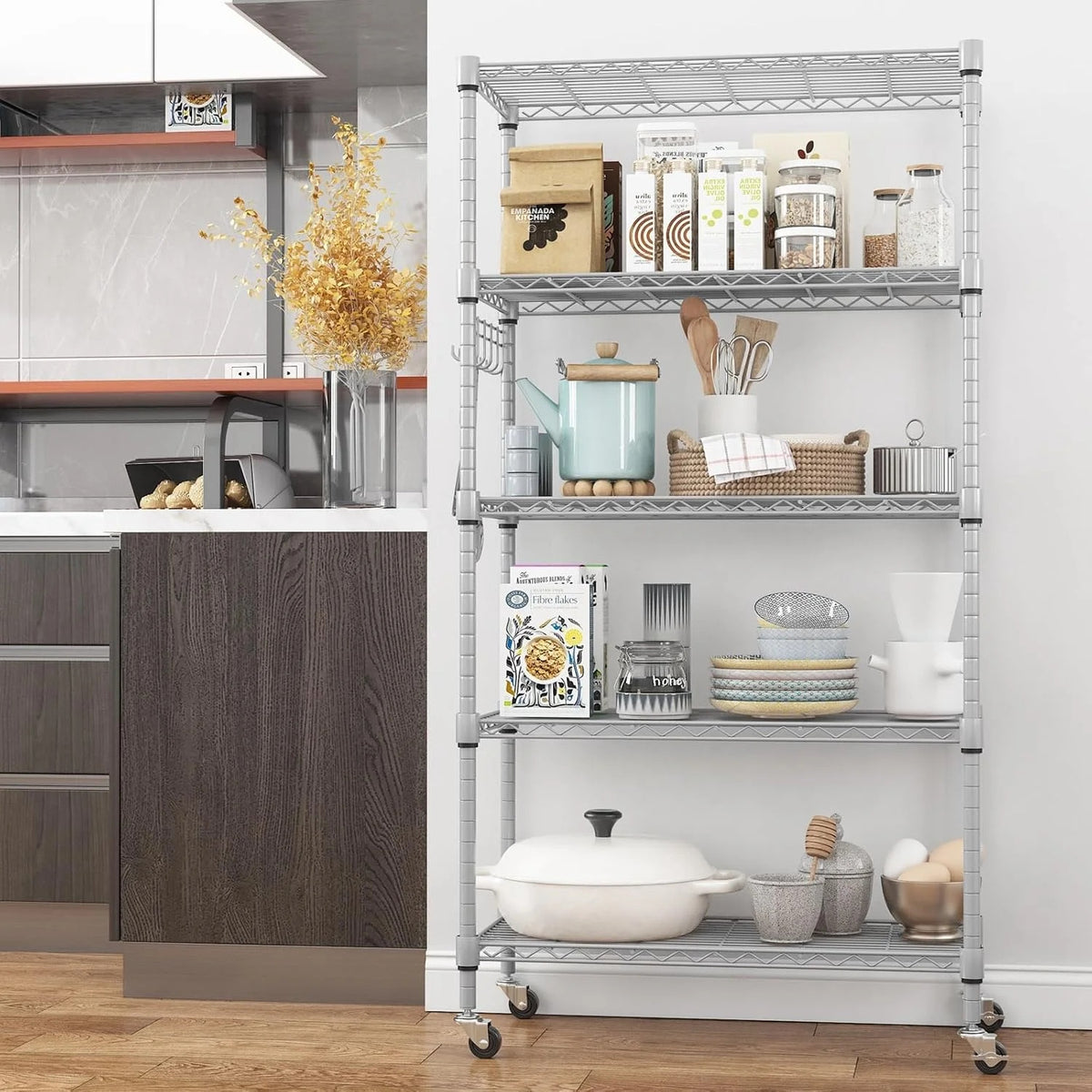 5-Tier Storage Shelf Wire Shelving Unit on Wheels, Adjustable Heavy Duty Metal Shelves with Side Hooks, Steel Rack Organization for Kitchen Garage Basement, Silver