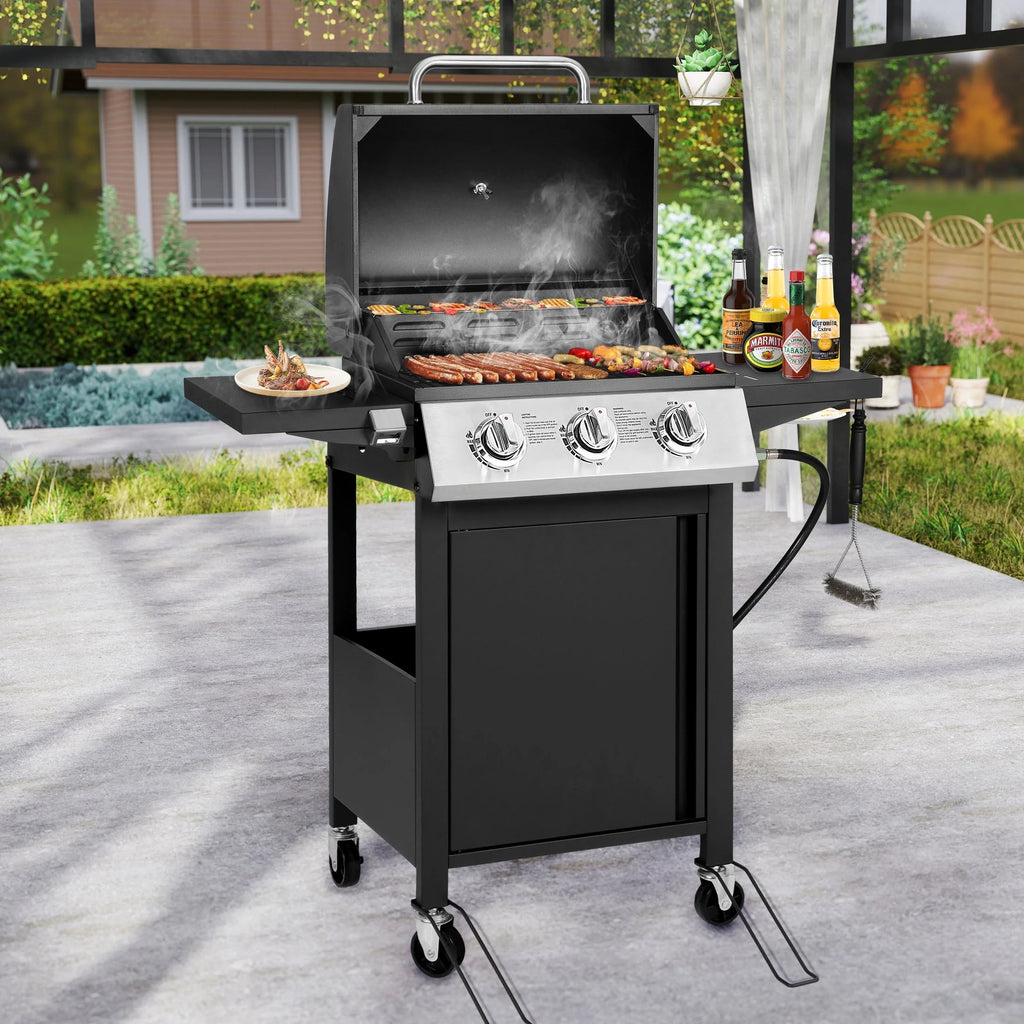 SEGMART 4 Burner BBQ Propane Gas Grill, Stainless Steel 40,000 BTU Patio Garden Barbecue Grill with Folding Side Tables, Cleaning Brush & Thermometer, Perfect for Camping, Outdoor Cooking