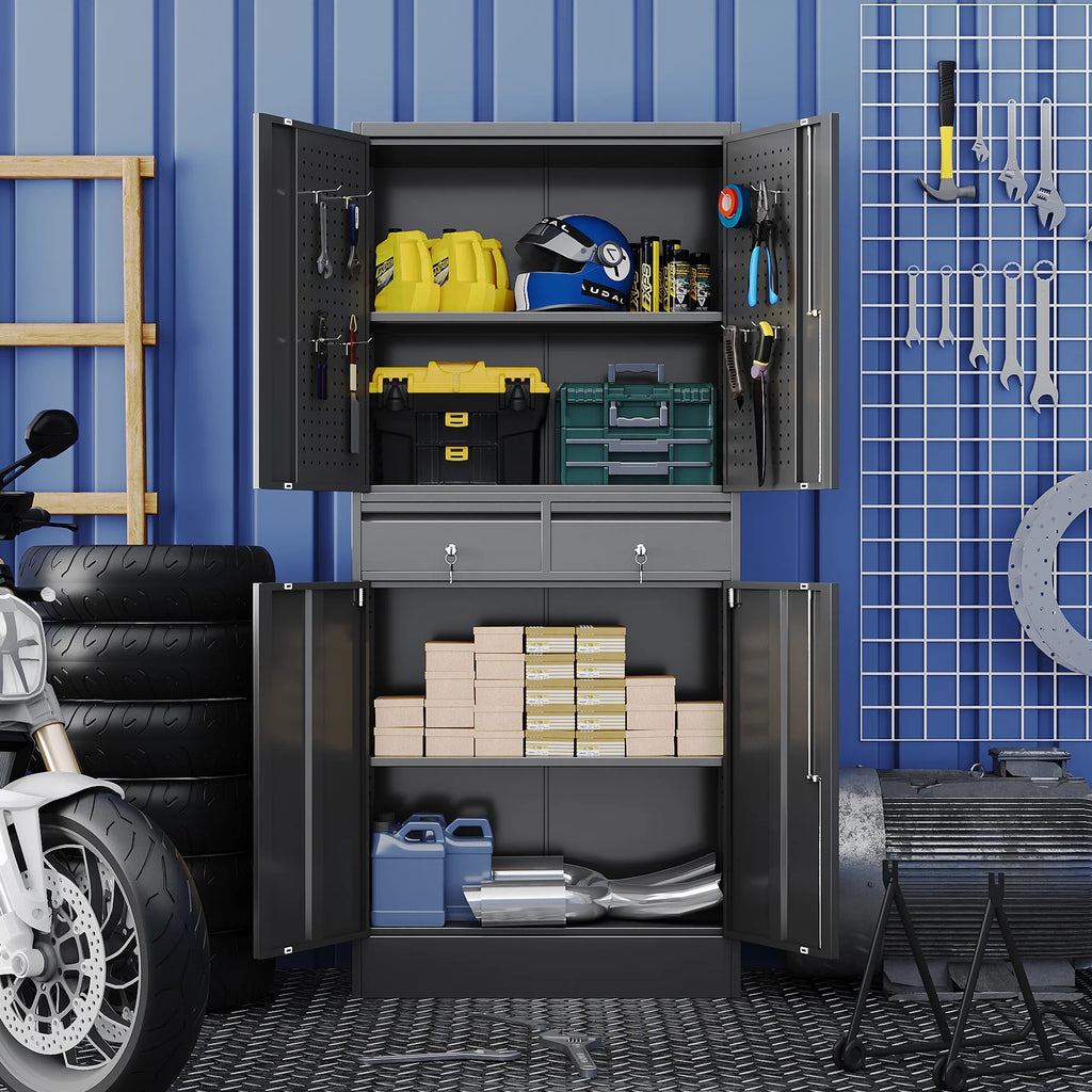 GAEANET 2 Door Metal Storage Cabinet with 5 Adjustable Shelves &Pegboard, 71" H-32" W-16" D Locking Steel Garage Cabinet, for Garage,Office,Home,Gym,School, File Cabinet,Assembly Required, Black