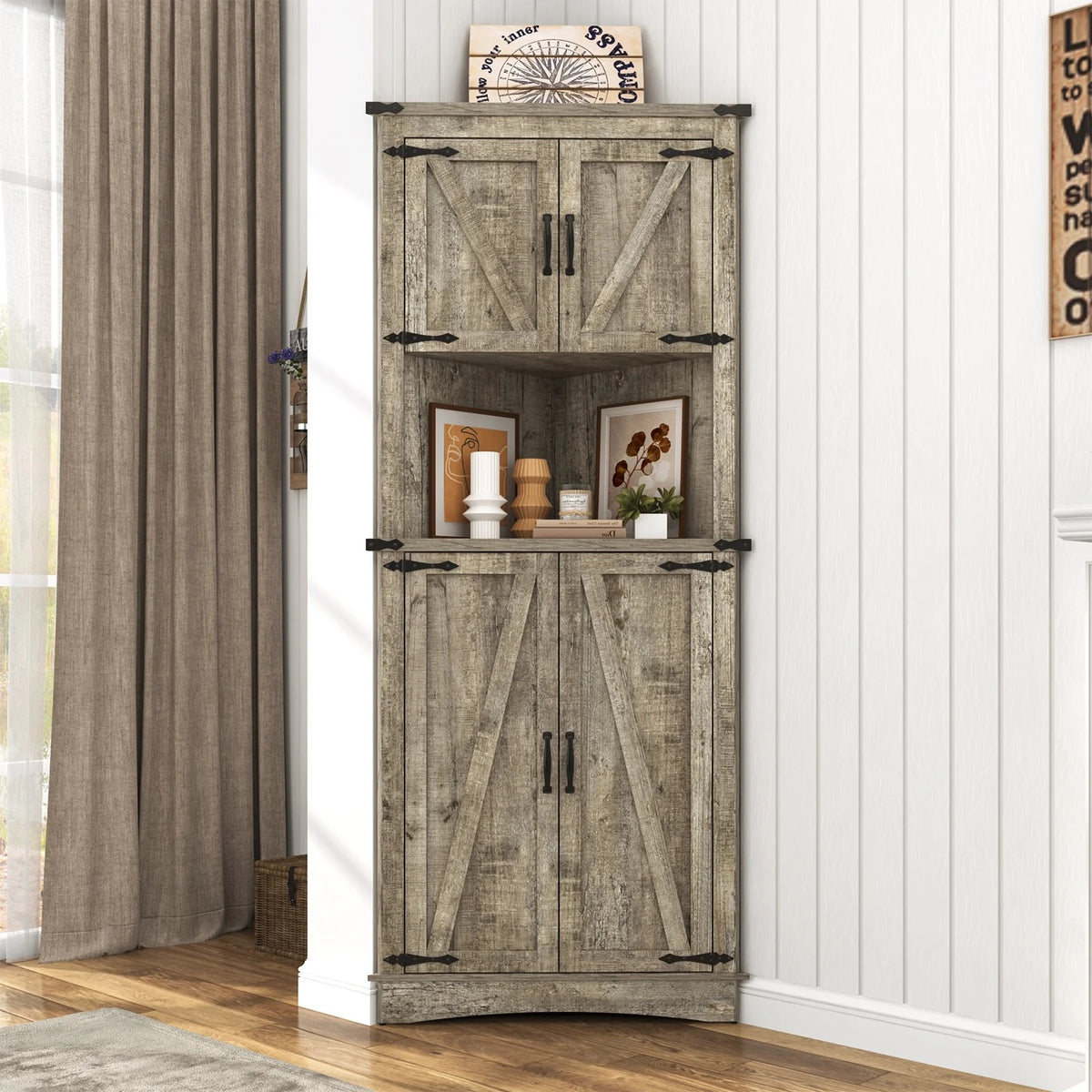 Blotout 68" Tall Farmhouse Corner Cabinet with 4 Doors, 28.3" W Barn Door Storage Cabinet with Adjustable Shelves, 5 Tier Corner Storage Cabinet for Bathroom,Living Room,Kitchen