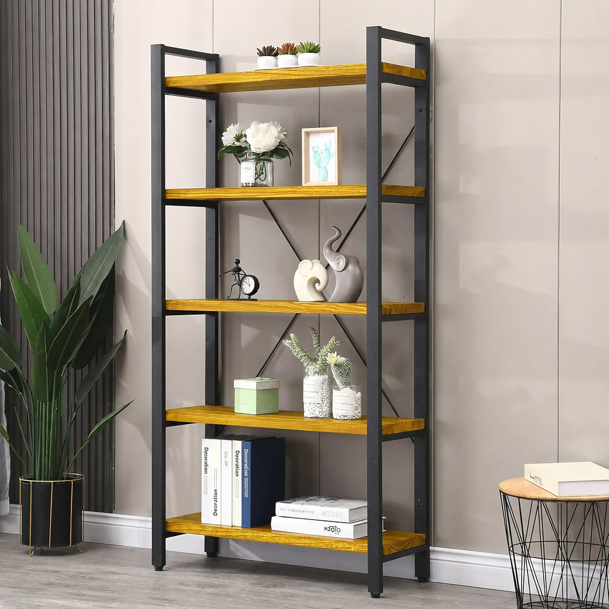 5-Tier Bookcase, Rustic Vintage Industrial Etagere Bookshelf, Solid Wood & Metal Freestanding Bookcase, Retro Brown