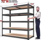 5 Tier Garage Storage Shelves, Industrial Style, 72"H x 35.5"W x 15.8"D, 2000LBS Capacity, Adjustable Height, Divisible Shelves