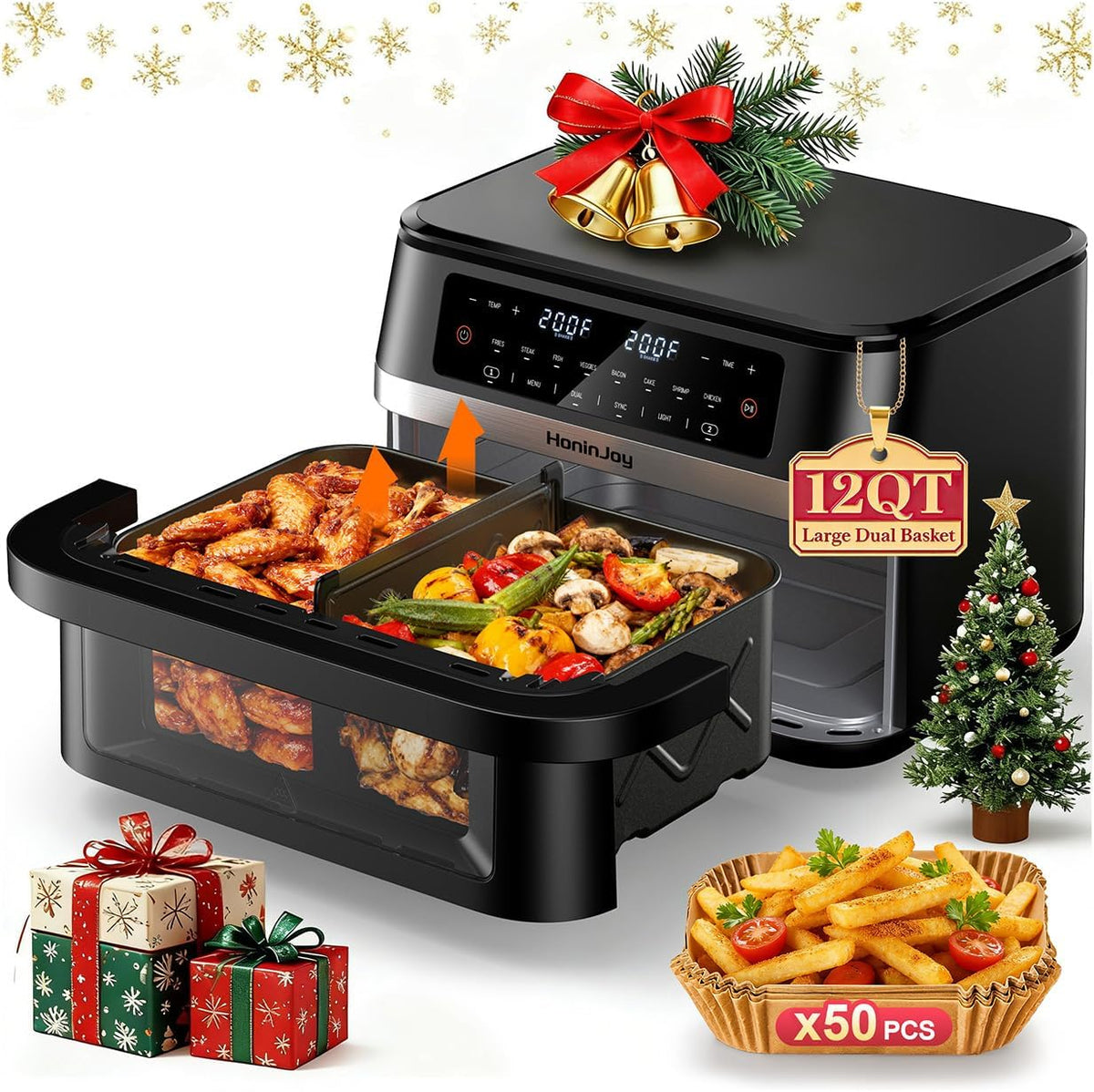12QT 12-in-1 Dual Air Fryer with Flex Basket & 50PCS Paper Liners