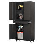 STANI Metal Garage Storage Cabinets with Drawer, 4 Doors Tool Storage Cabinet with 2 Adjustable Shelves, 73"H Rolling Steel Locking Cabinet for Garage Utility Room Home Office (Black, 4 Wheel)