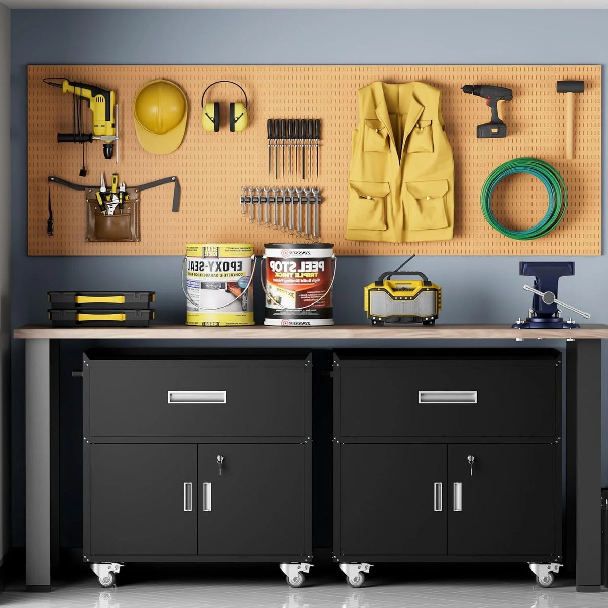GXK-Home  Metal Garage Storage Cabinet With Lock and Hook Hole,Tool Chest with Wheels for Workshop,Black