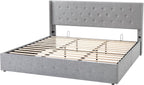 Queen Size Lift Up Storage Bed with Wingback Headboard, Upholstered Platform Bed Frame with Hidden Storage