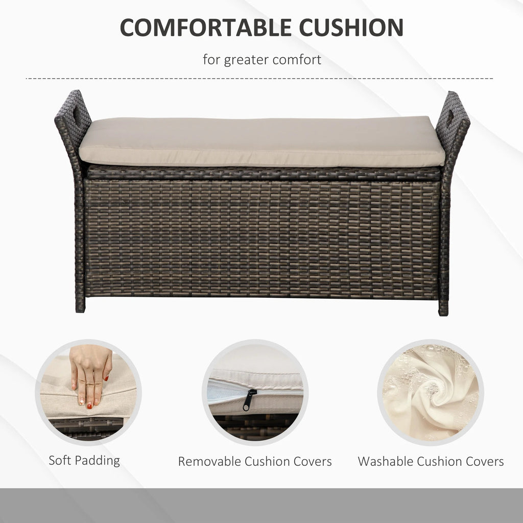 DUOSONG Outsunny 27 Gallon Patio Wicker Storage Bench, Outdoor Pe Rattan Patio Furniture, 2-In-1 Large Capacity Rectangle Garden Storage Box With Handles And Cushion, Cream White Brown+White Steel