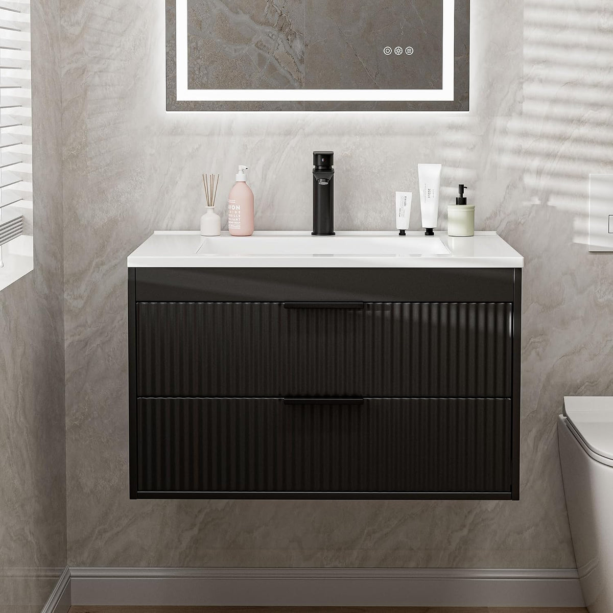 24 Inches Modern MDF Bathroom Vanity with Sink, Wall Mounted Floating Cabinets w/Double Drawers, Black Handles, White Resin Sink Combo Set (White, 24")
