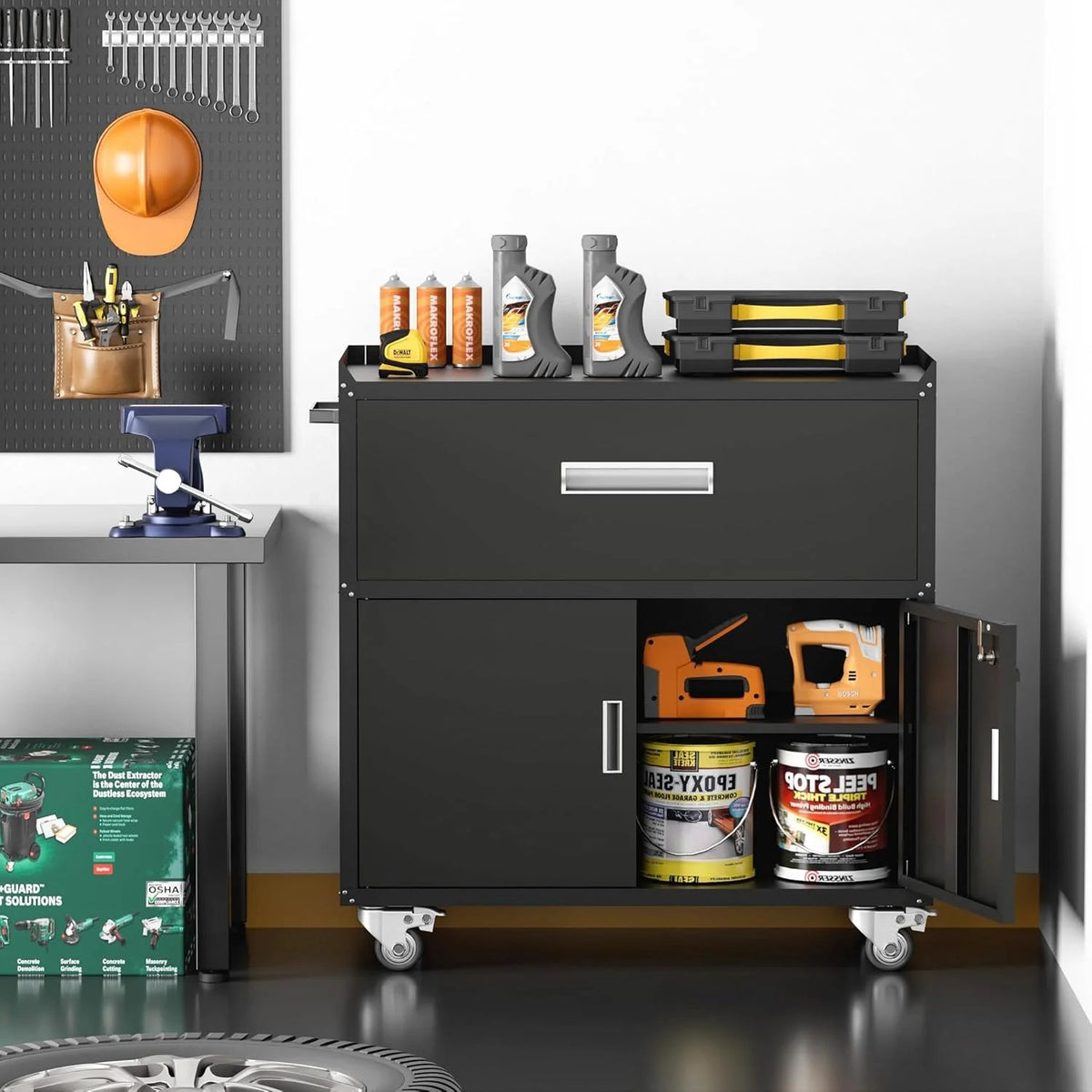 GXK-Home  Metal Garage Storage Cabinet With Lock and Hook Hole,Tool Chest with Wheels for Workshop,Black