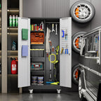 GangMei 71 Inches Tall Metal Garage Storage Cabinets with 5 Adjustable Shelves & Pegboards, Lockable Steel Black Storage Cabinet with Doors for Office, Home, School, Shops, Garage, Assembly required