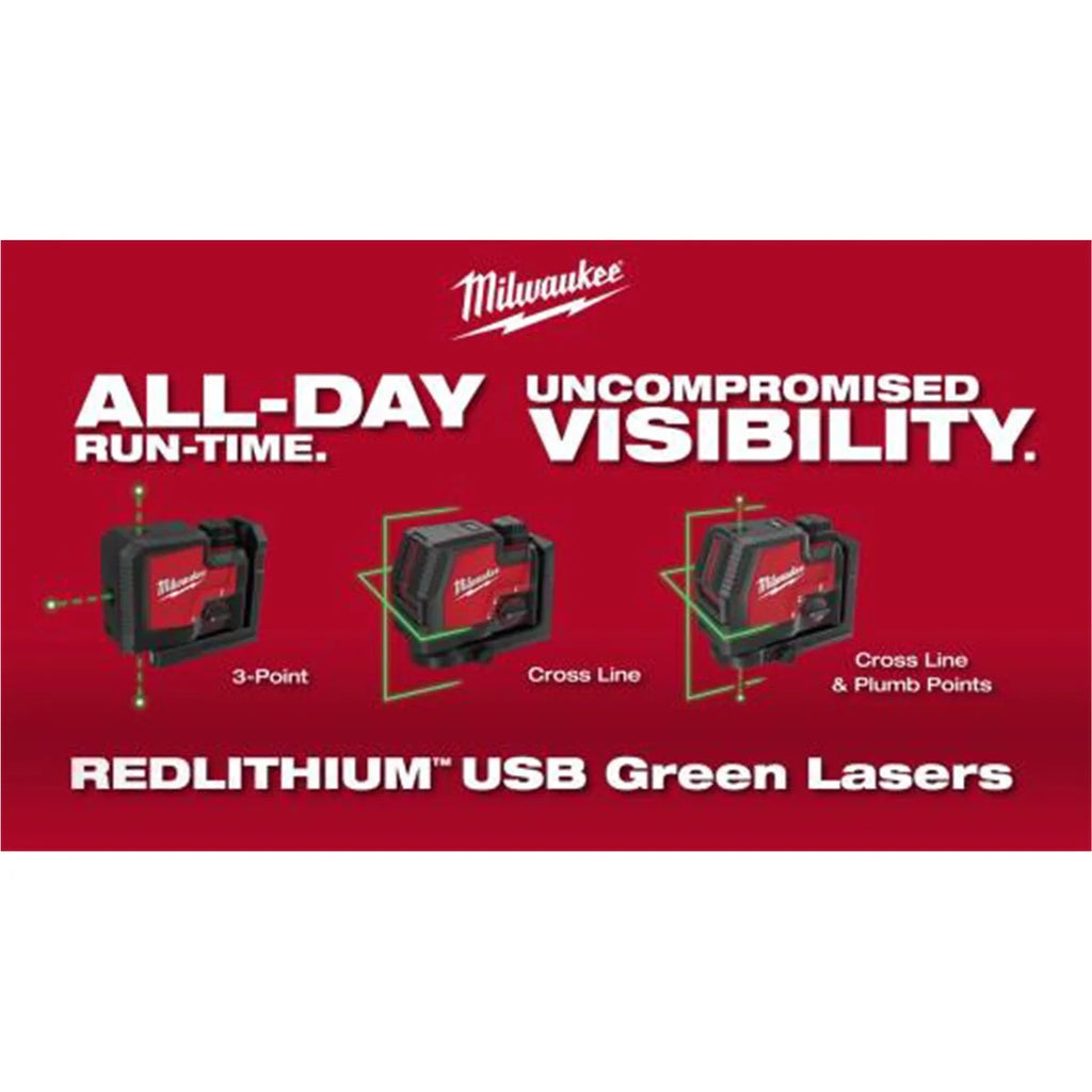 Milwaukee Tool USB Rechargeable Green Cross Line & Plumb Points Laser