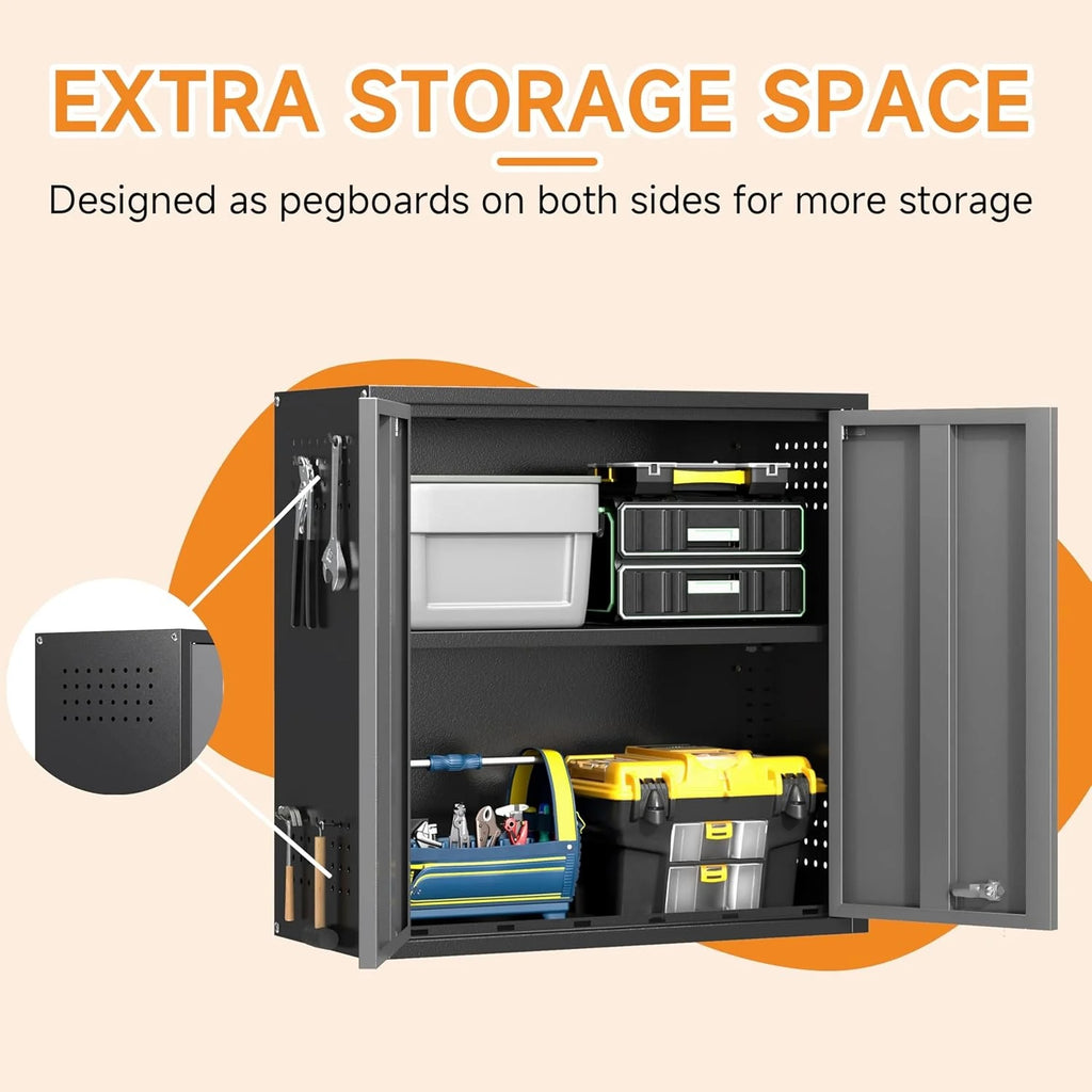 Metal Garage Wall Cabinet with Doors and Adjustable Shelf,Lockable Floating Tool Cabinet with Pegboard,Steel Storage Cabinet for Kitchen,Office,Garage,Laundry,Warehouse(Black&Gray, 26" H)