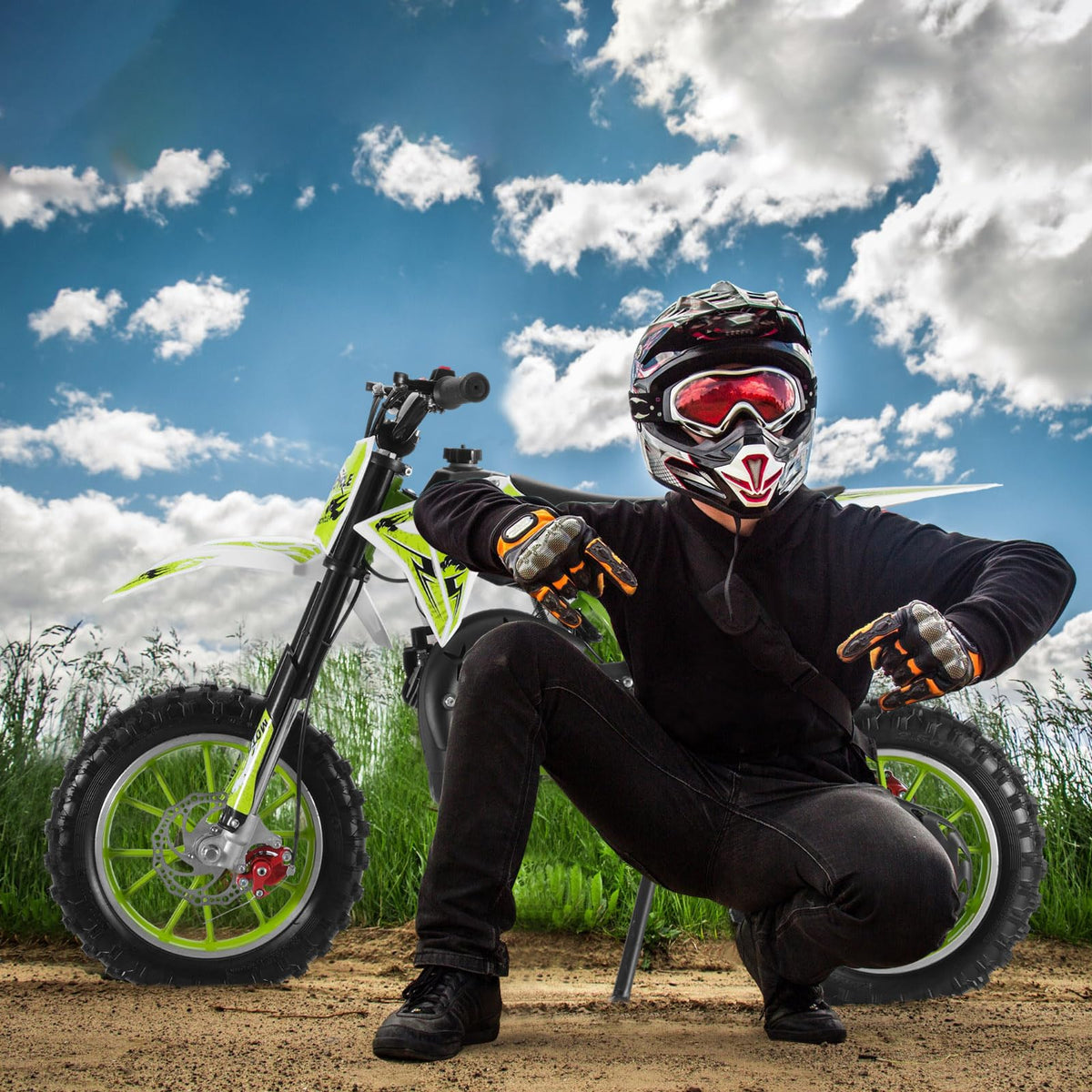 2026 Upgraded 50cc 2-Stroke Kids Dirt Bike Motocross, Pocket Gas Motorbike, Off Road Gas Power Mini Pocket Motorcycle with Front/Rear Disc Brakes, Scooter Bike Pocket, Dirtbike for Kids Green