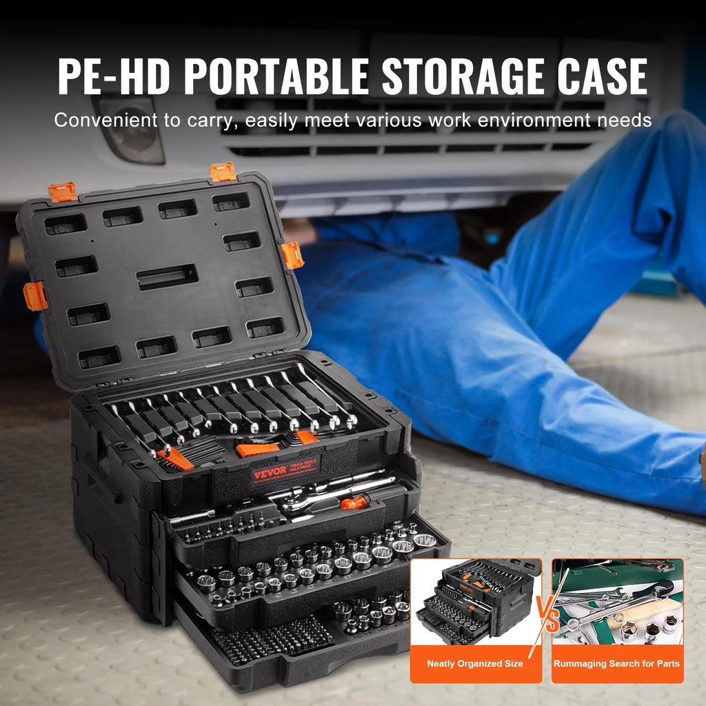 VEVOR Mechanics Tool Set and Socket Set, 1/4" 3/8" 1/2" Drive Deep and Standard Sockets, 450 Pcs SAE and Metric Mechanic Tool Kit with Bits, Hex Wrenches, Combination Wrench,Accessories,Storage Case