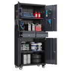 GangMei 71 Inches Tall Metal Garage Storage Cabinets with 5 Adjustable Shelves & Pegboards, Lockable Steel Black Storage Cabinet with Doors for Office, Home, School, Shops, Garage, Assembly required