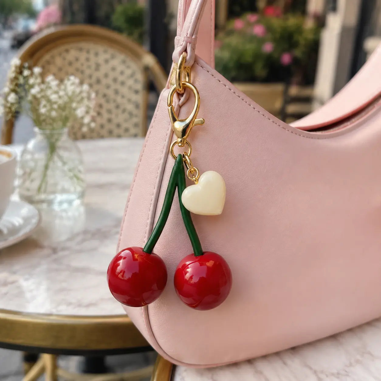Cherry bag charm styled on a pink handbag